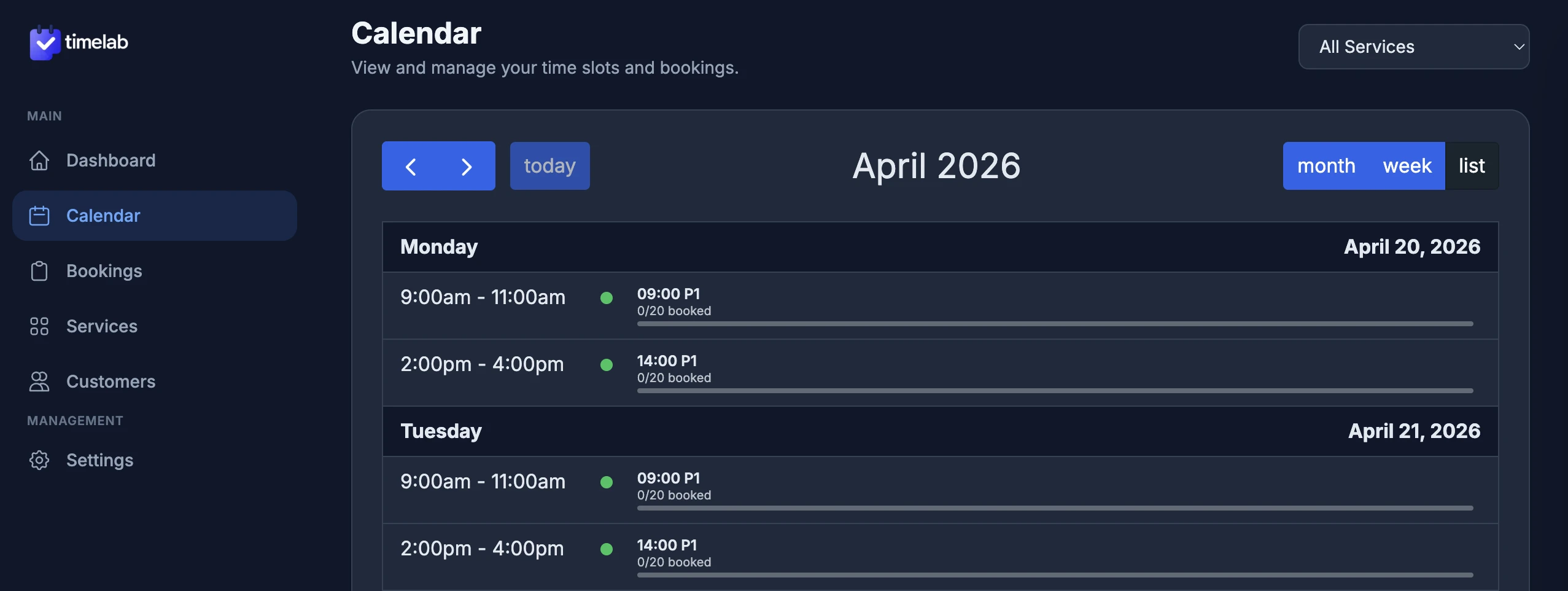 TimeLab dashboard